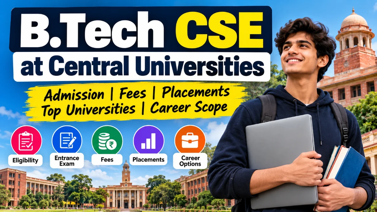 B.Tech CSE at Central Universities admission, fees and placements guide featuring a student holding a laptop.